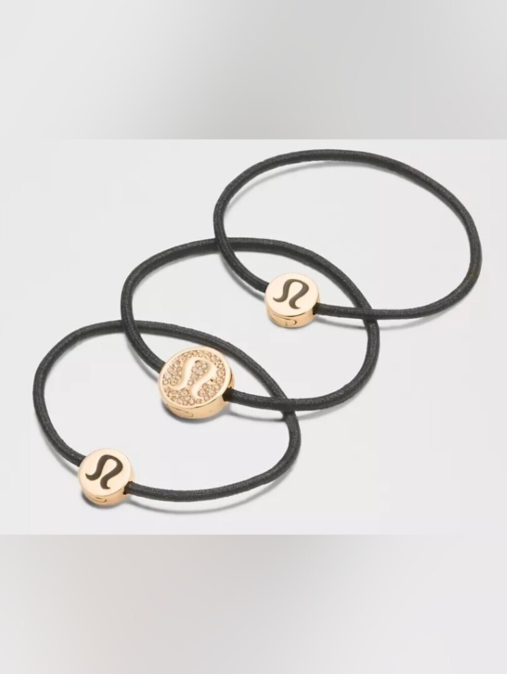 lululemon athletica Black Hair Tie Set with Gold Logo Charms, New